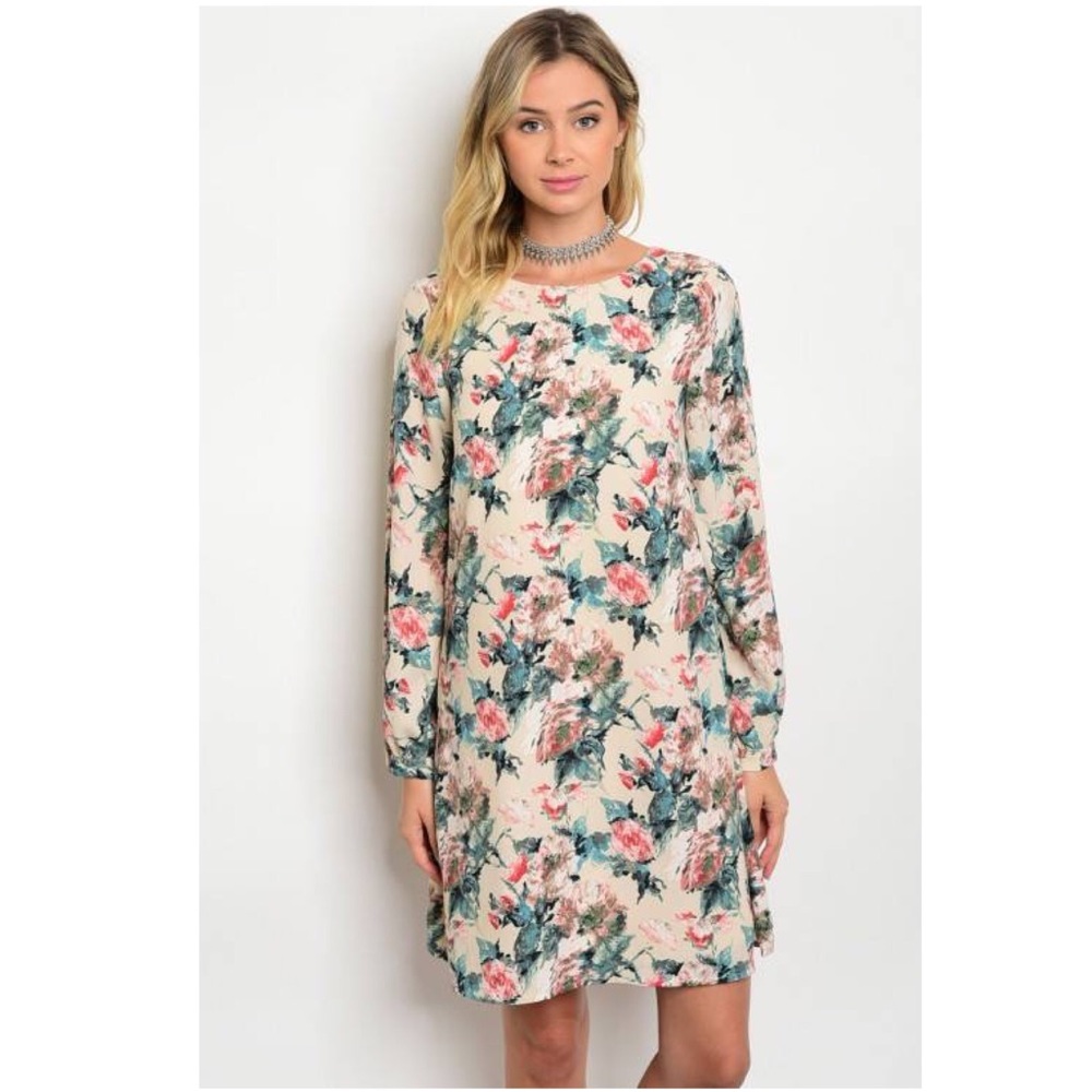 Cream Floral Long Sleeve Shift Dress